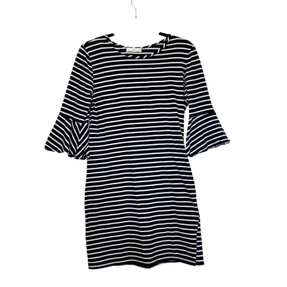 Womens Striped Shirt Dress Medium Navy Bell Flare Mini Body Con Classic Ovi - Picture 1 of 7